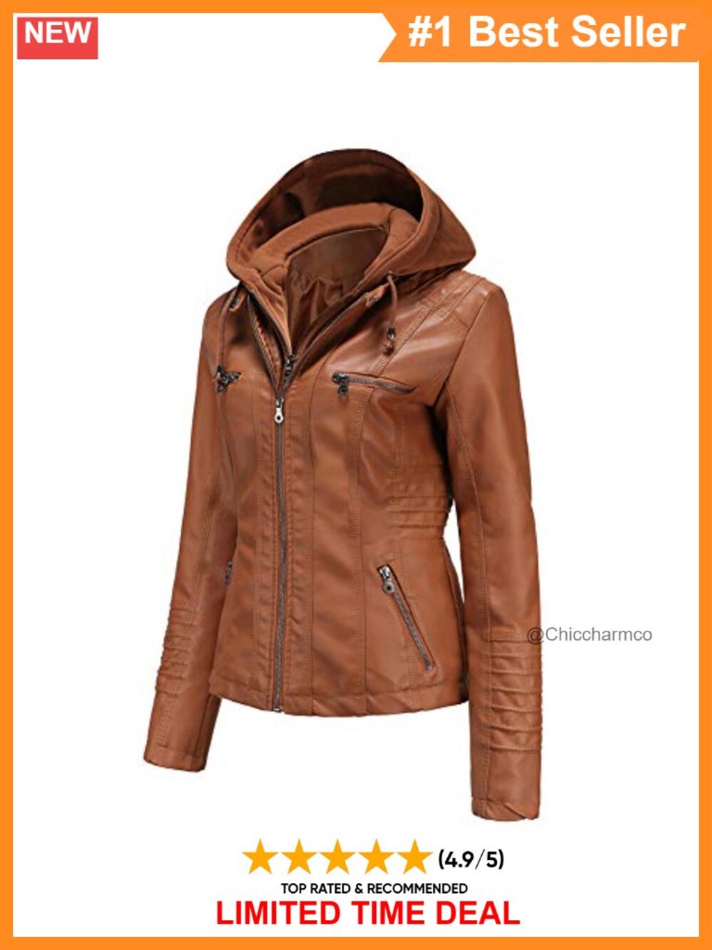 Faux Leather Moto Jacket Removable Hood Zip Pockets